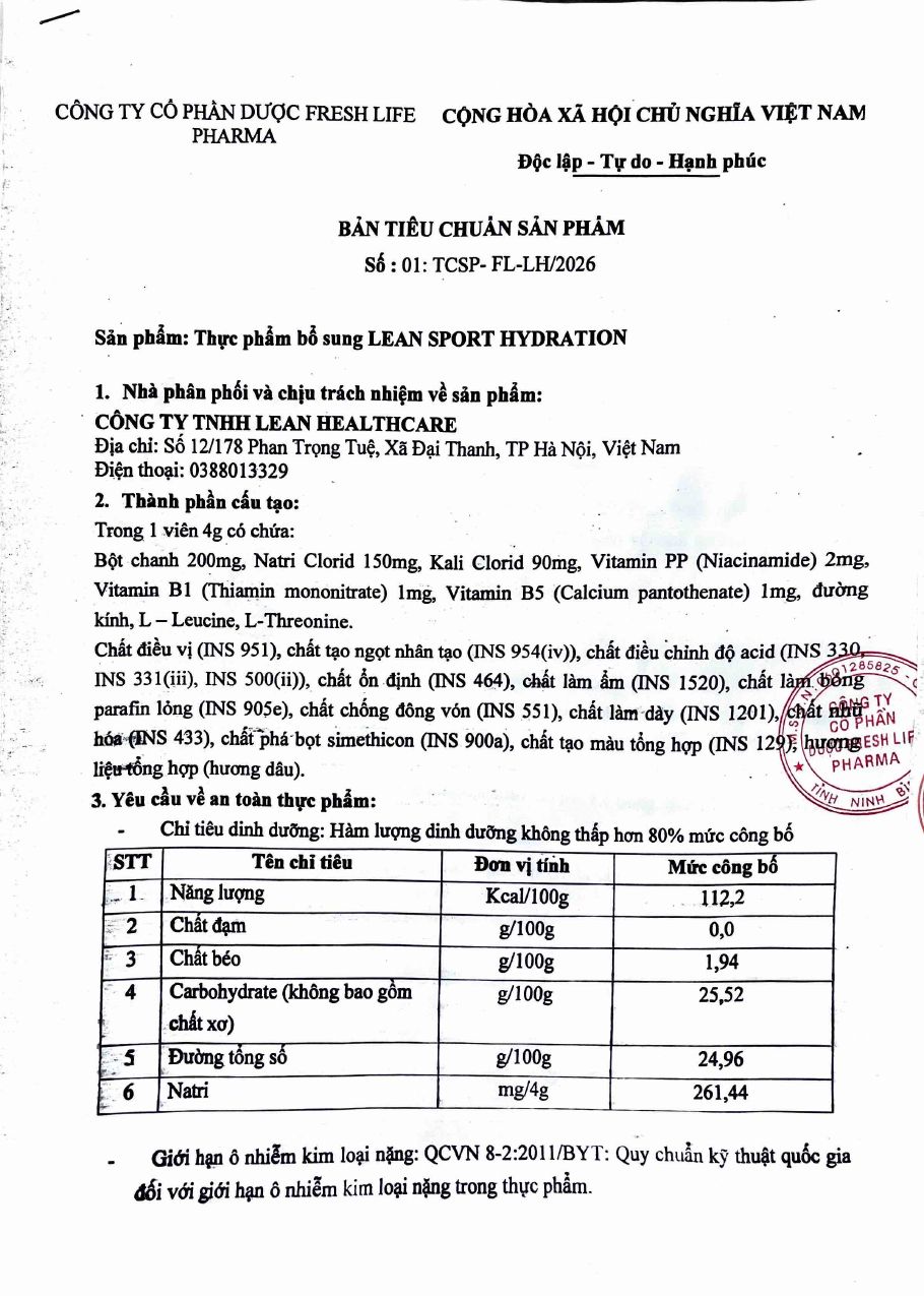 Bản tiêu chuẩn sản phẩm – Lean Sport Hydration
